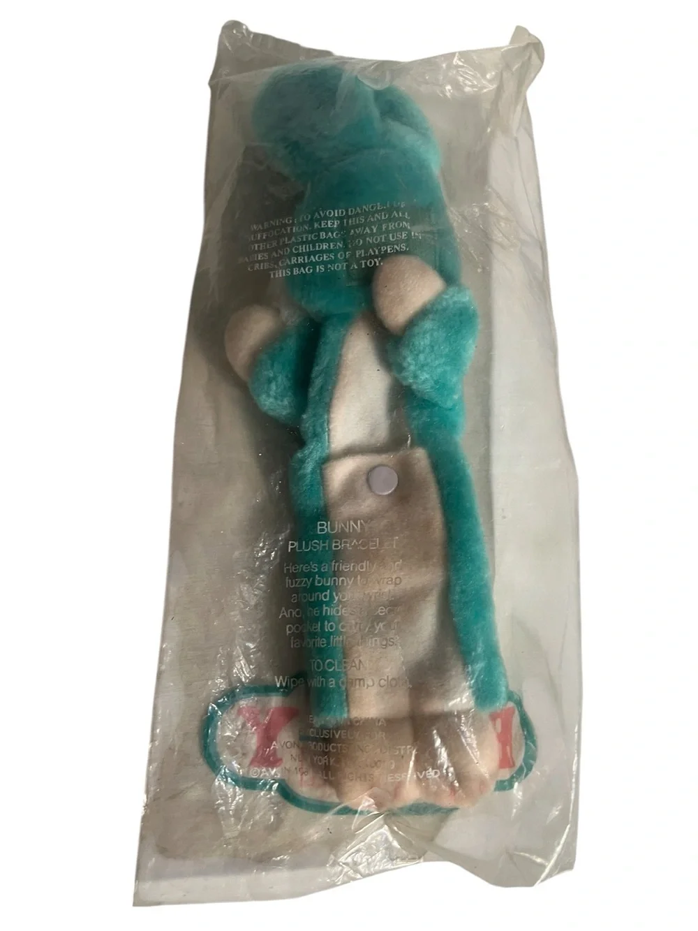 Vintage Avon Bunny Plush Bracelet Teal Green Blue Animal Toy Easter Spring